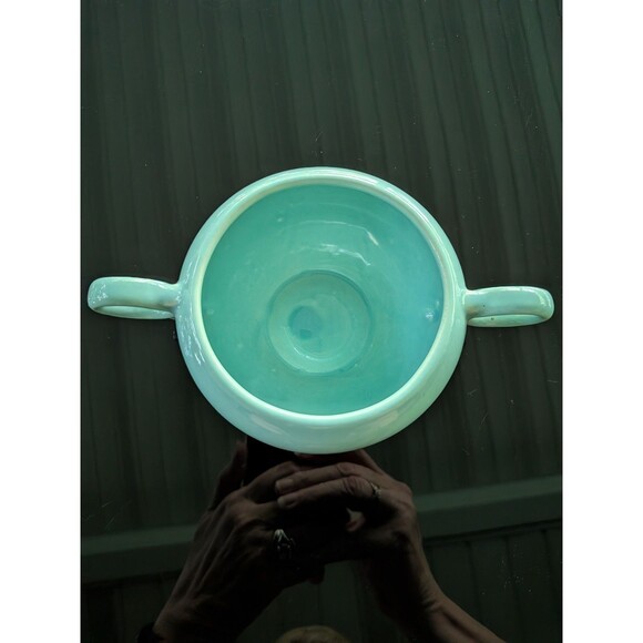 Mid Century Modern Vintage Mist Green Aqua Pottery Sugar Bowl Detailed Handles - Picture 3 of 9